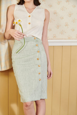 Linen Button Skirt Light Green-TAKTAI - TAKTAI